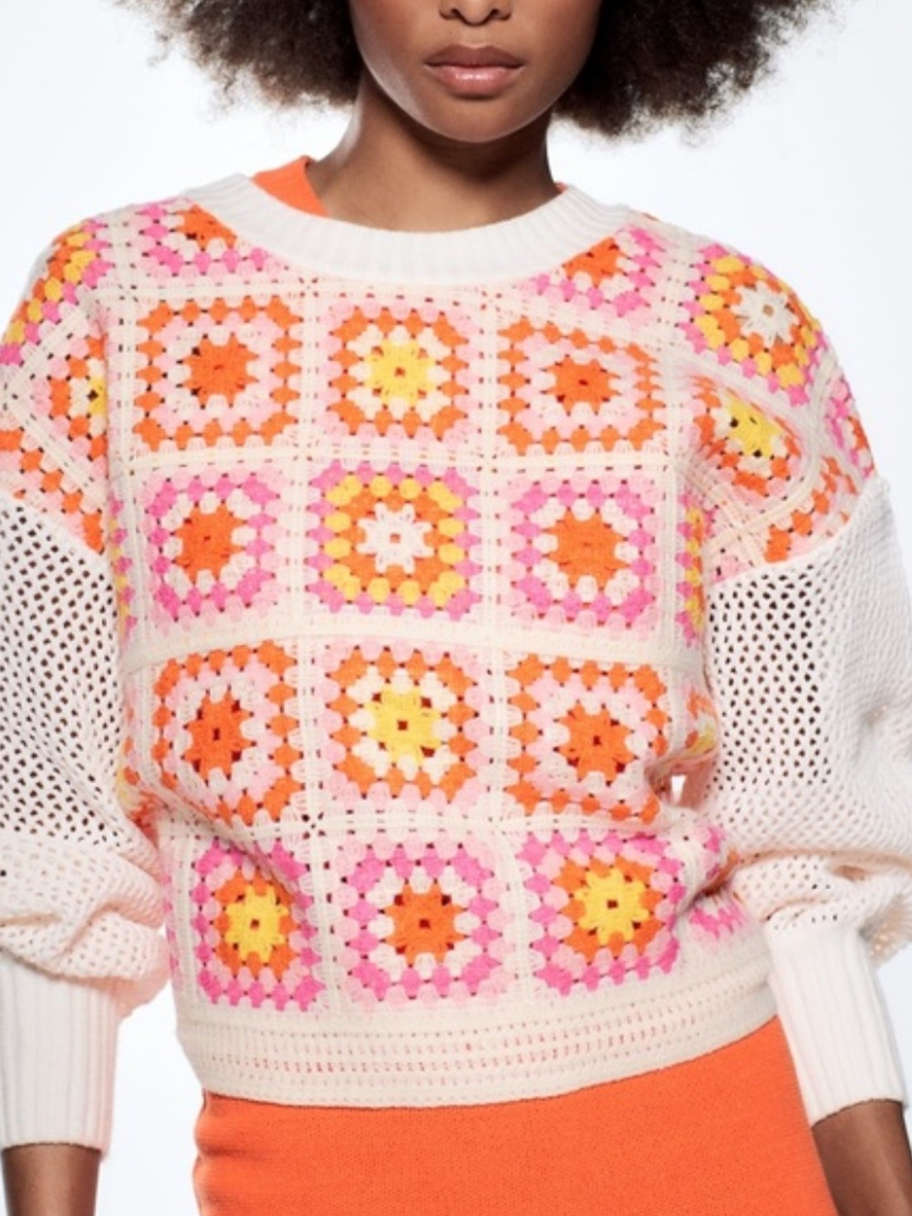 ZARA Crochet Square Motif Sweater - Multi Pink & Orange